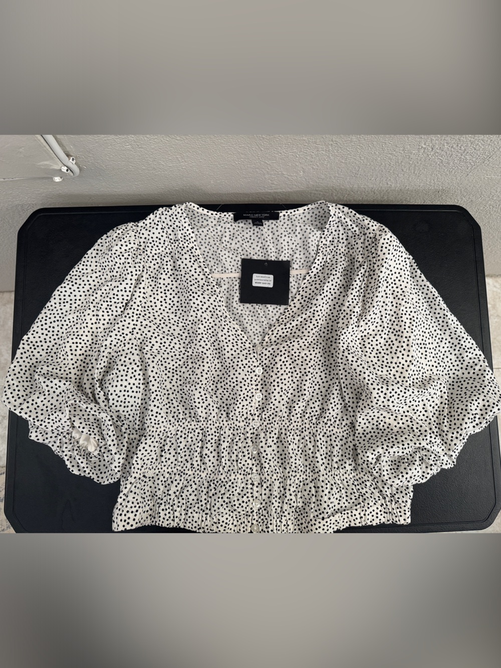 Smocked Waist Polka Dot Blouse - White with Black Dots